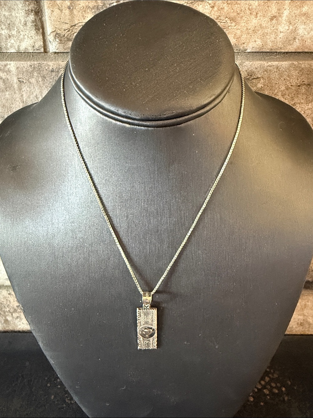 Sterling Silver Rectangular $100 Dollar Bill Pendant Necklace